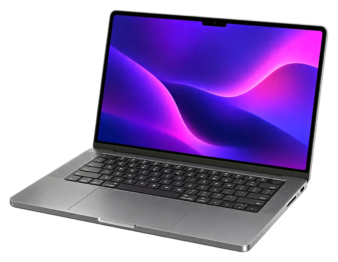 MacBook Pro 14″ in Space Schwarz, aufgeklappt von vorne