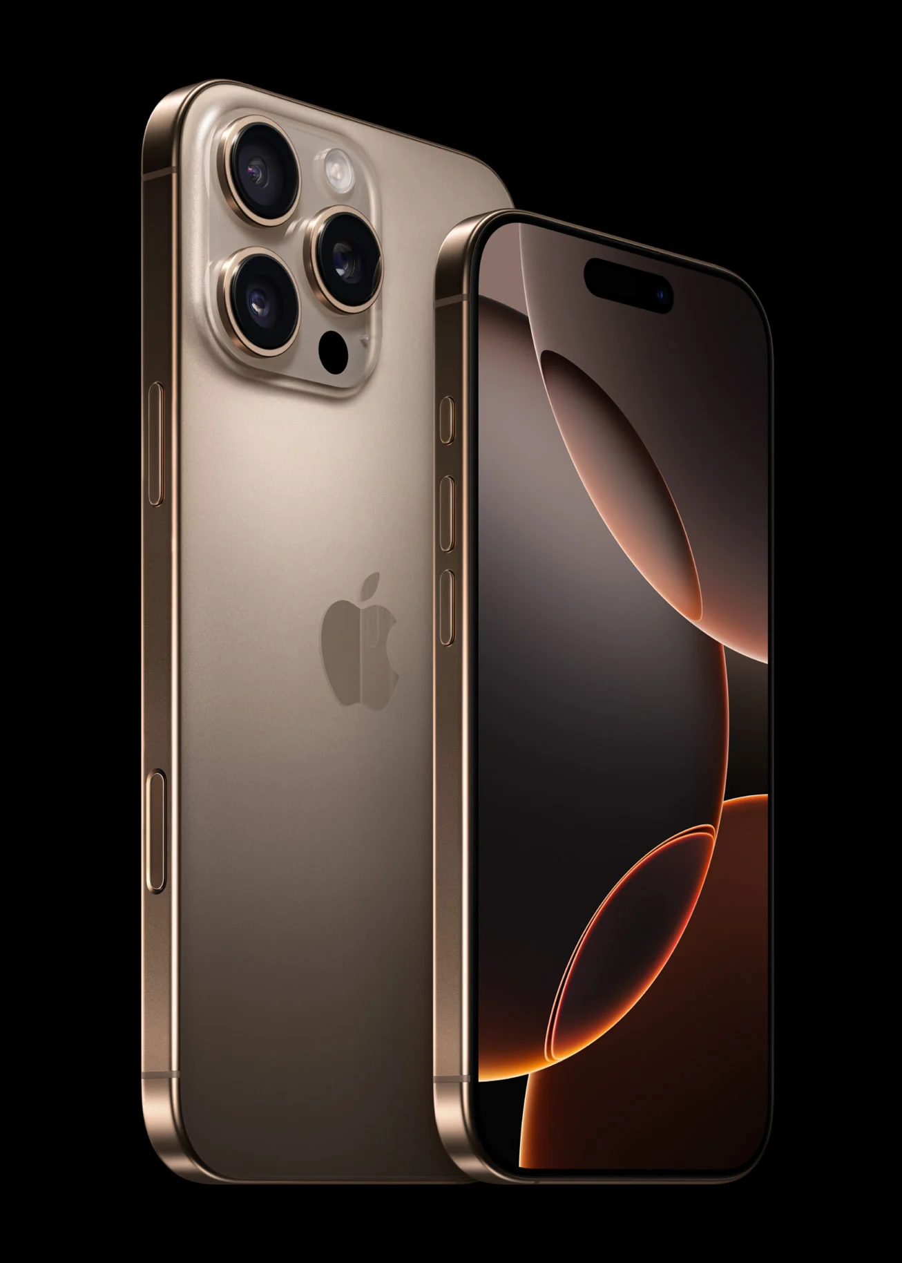 iPhone 16 Pro in Titan Wüstensand, Rückseite mit Dreifach-Kamera und Vorderseite mit Display