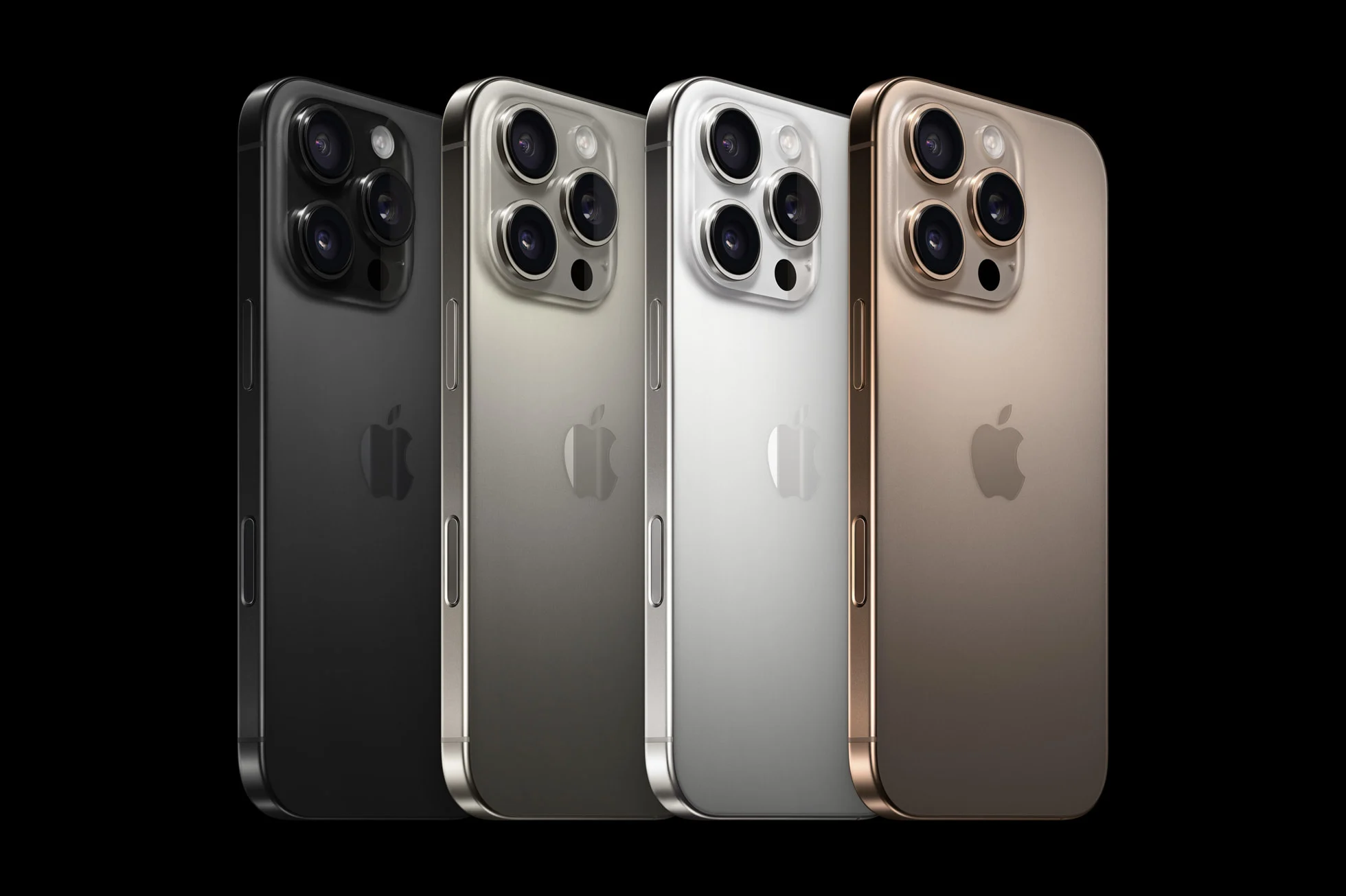 iPhone 16 Pro in den vier Farben Titan Schwarz, Titan Natur, Titan Weiß und Titan Wüstensand