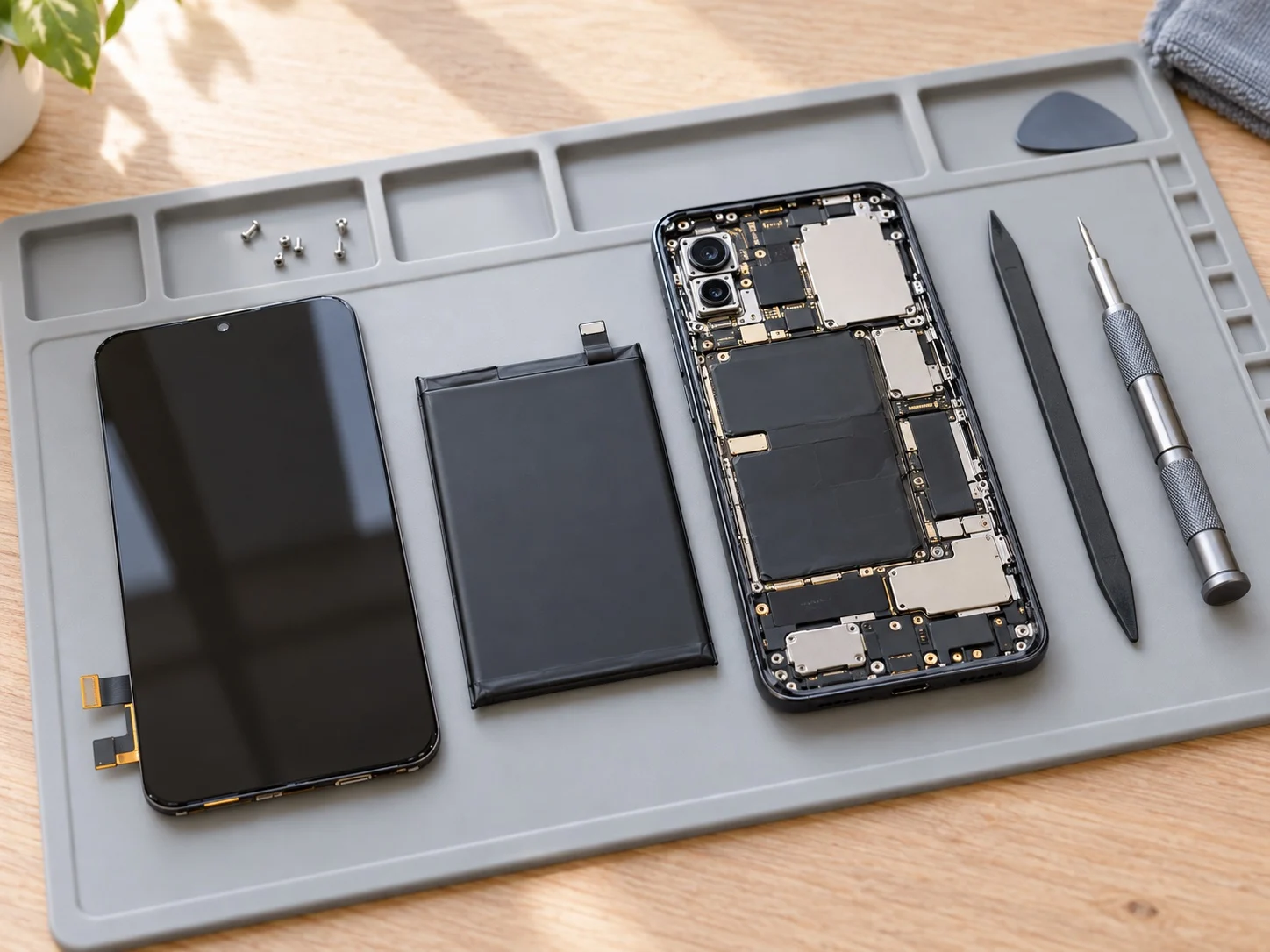 Neues Ersatz-Display und Akku neben einem geöffneten Smartphone auf einer Reparaturmatte