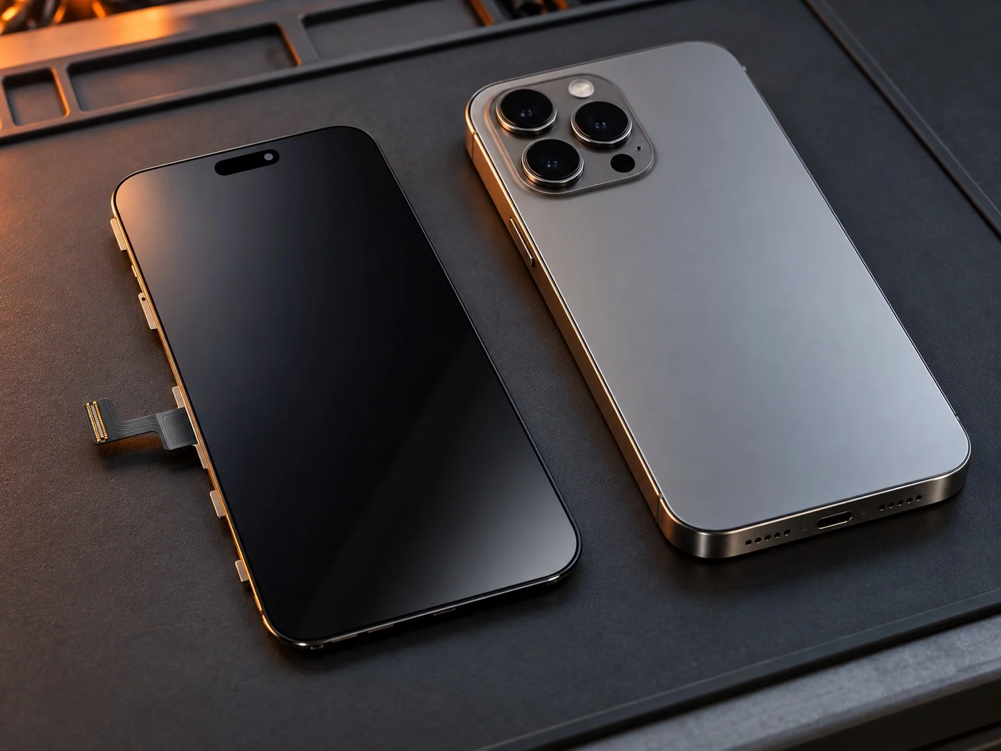 Original-Ersatzteil-Display neben dem passenden Smartphone