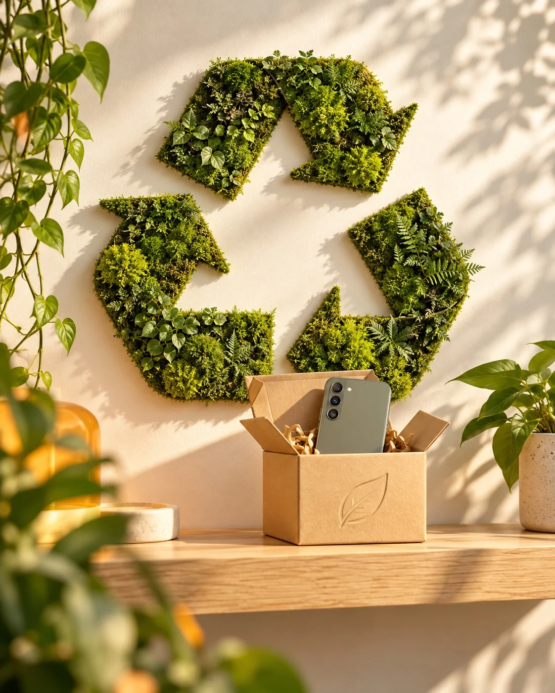 Recycling-Symbol aus Moos und ein refurbished Smartphone im Karton