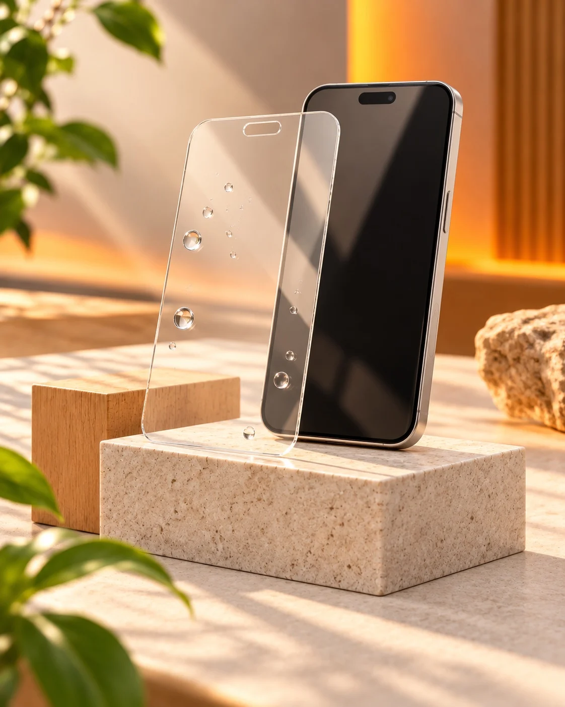 Smartphone hinter einer schützenden Glasscheibe auf einem hellen Podest