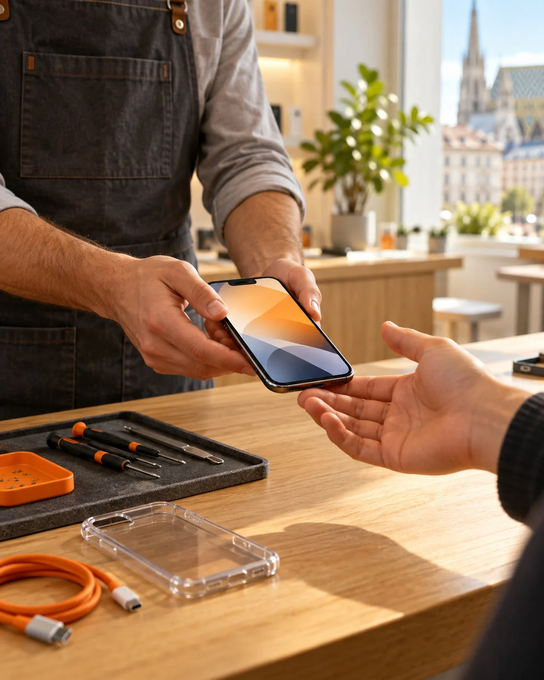 Techniker übergibt ein repariertes Smartphone über den Tresen an einen Kunden