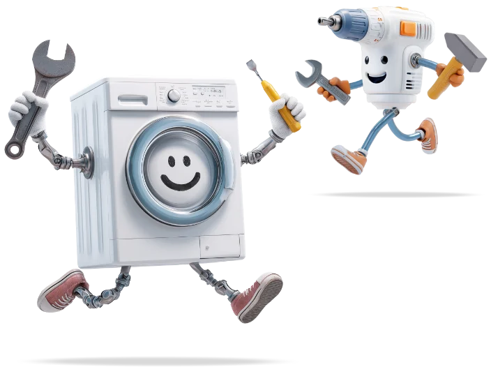 Illustration: Waschmaschine und Akkuschrauber mit Werkzeug als fröhliche Maskottchen