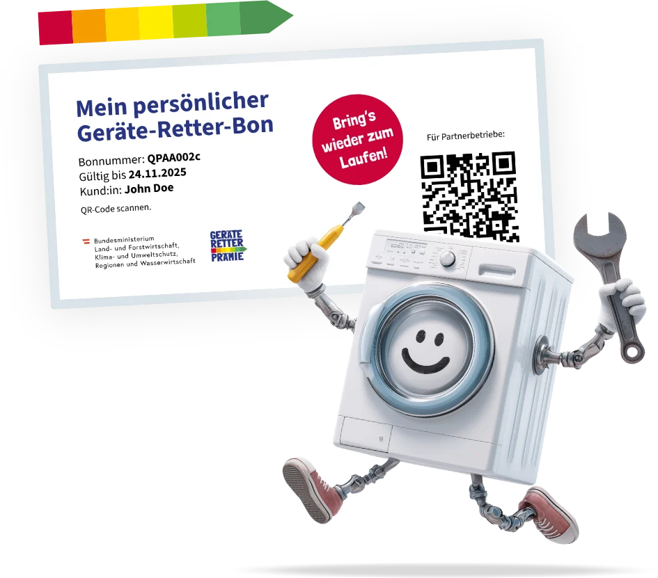 Beispiel eines Geräte-Retter-Bons mit QR-Code, daneben ein Waschmaschinen-Maskottchen mit Werkzeug
