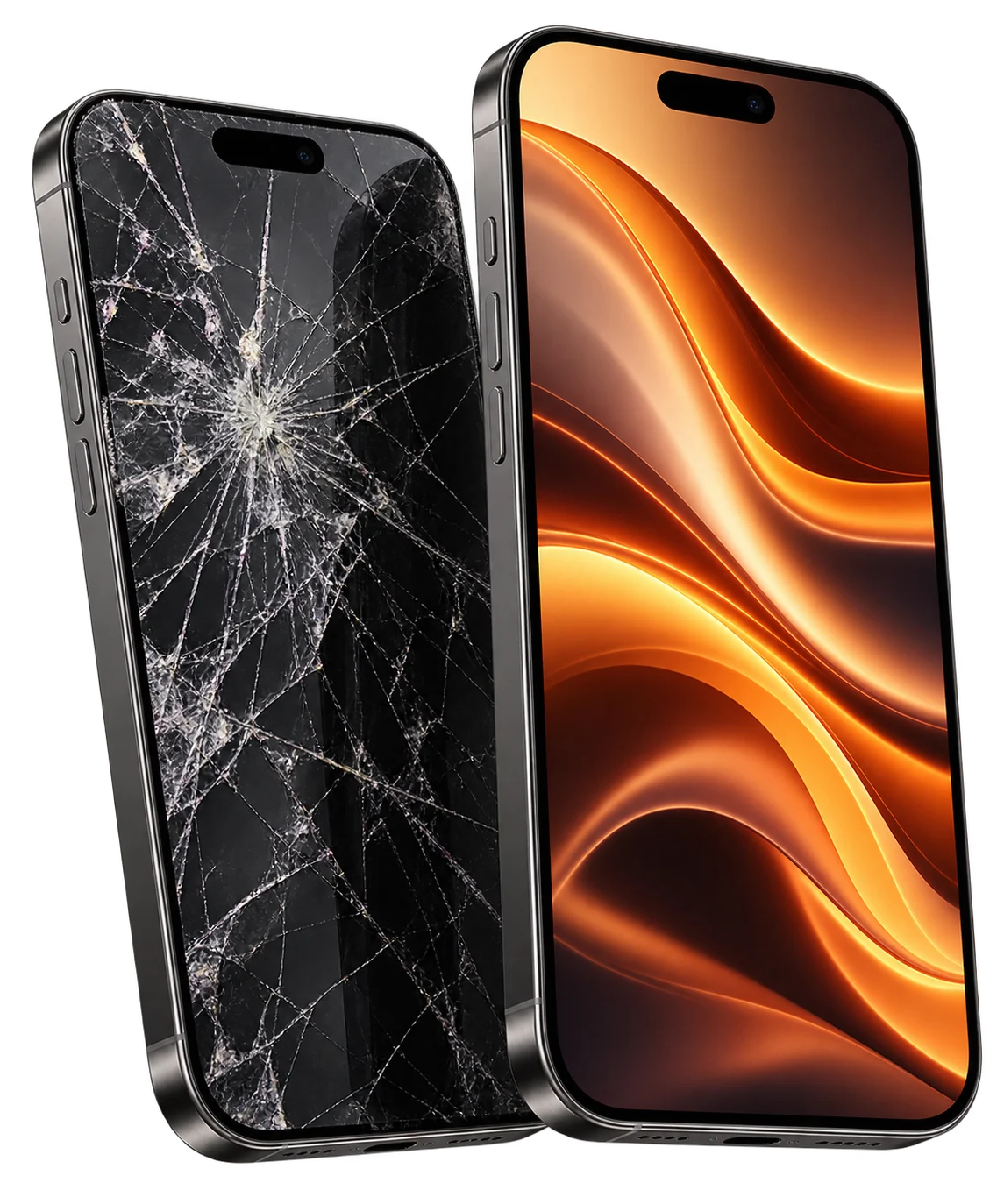 Zwei Smartphones: eines mit gesprungenem Display, eines mit intaktem Display und orangem Hintergrund