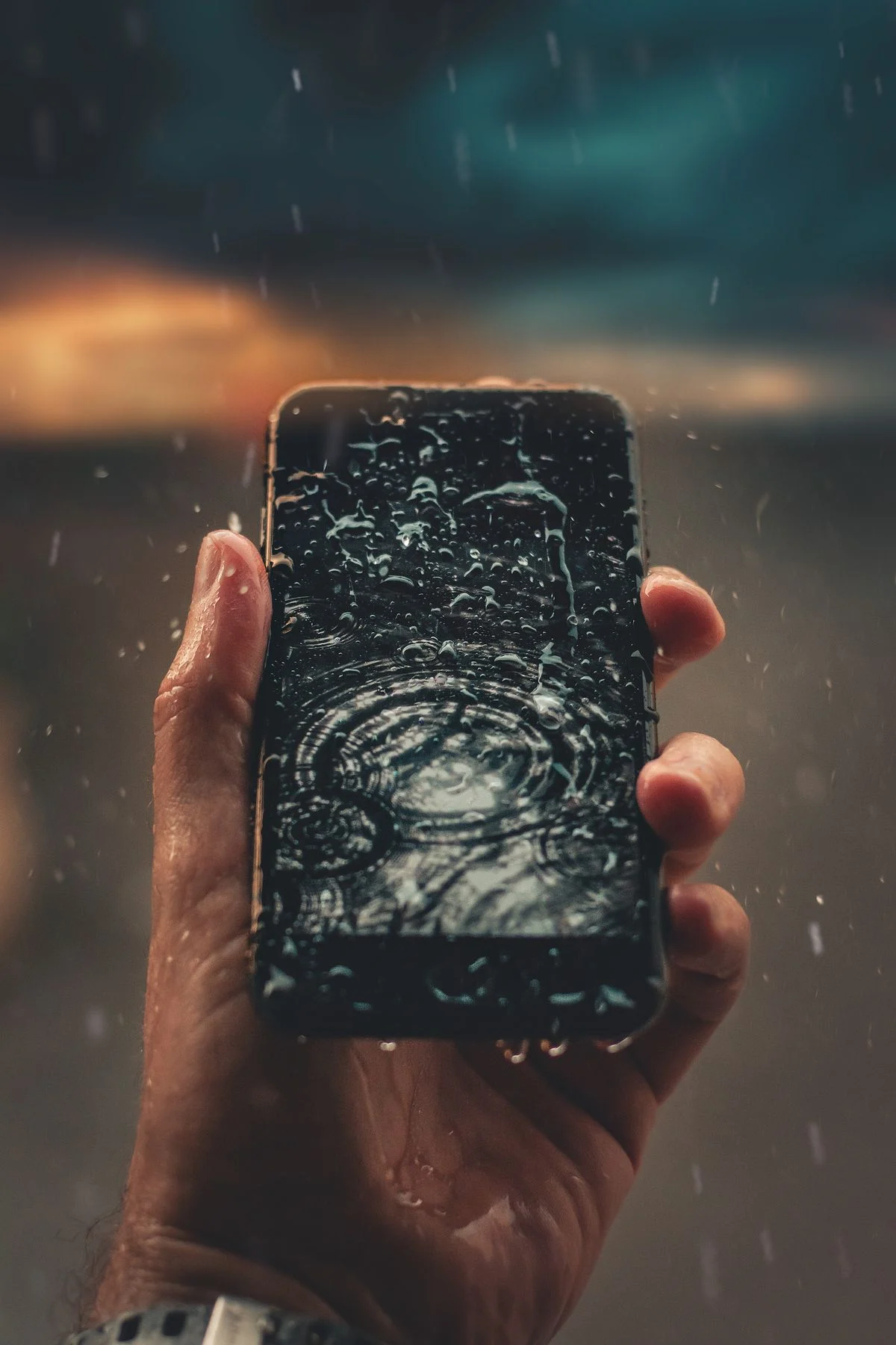 Hand hält ein Smartphone im Regen, Wassertropfen auf dem Display
